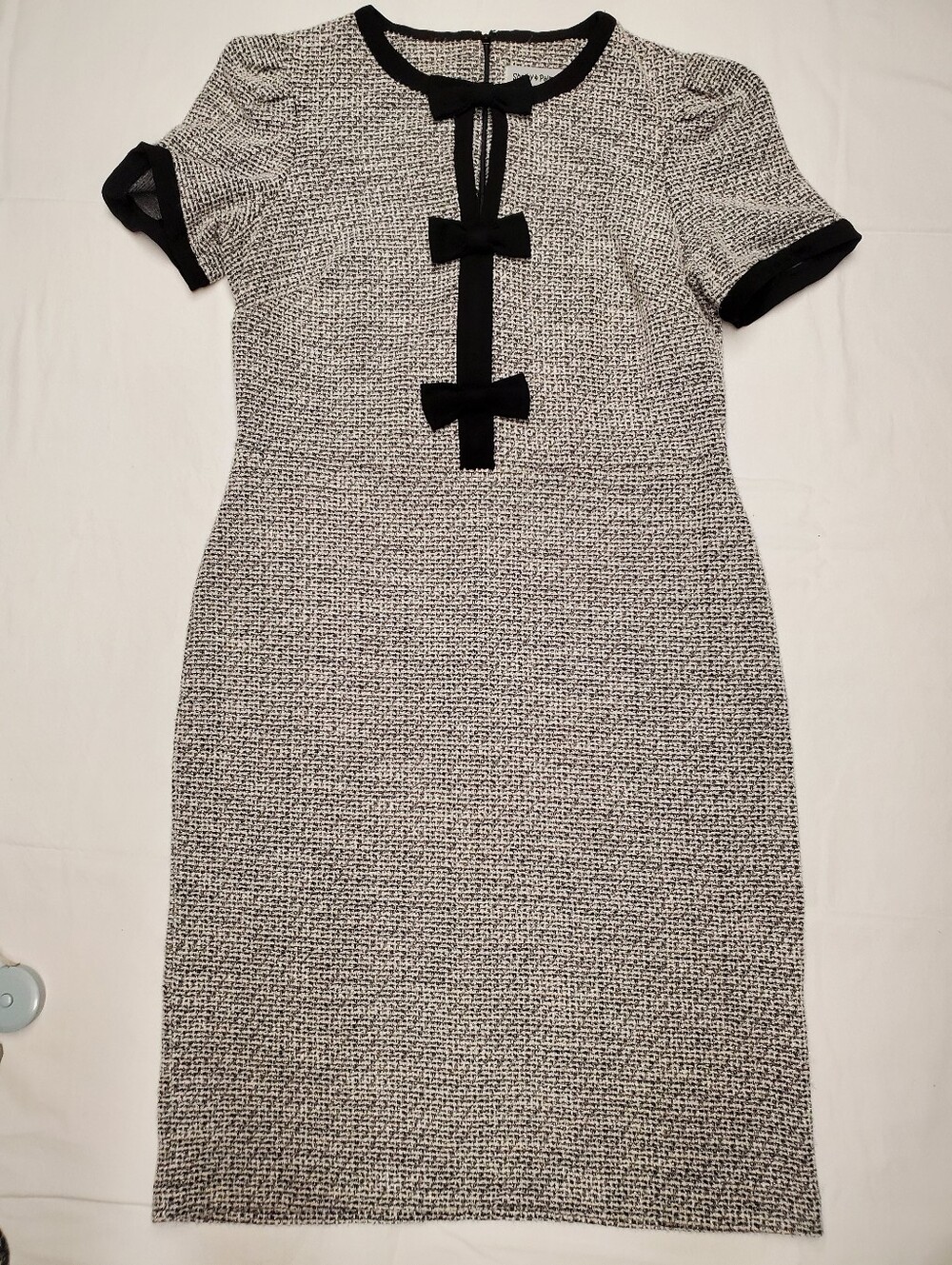 Shelby & Palmer Womens 12 Tweed Sheath Dress Black White Bow Front Sparkle